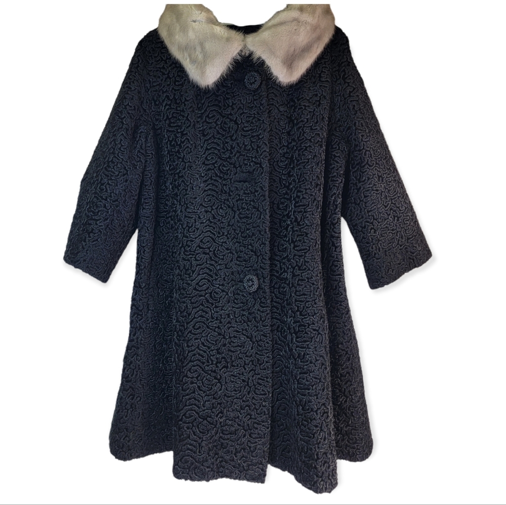 Astrakin Lepshire Vintage Black Persian Lamb with Mink Fur Collar Swing Coat,szL